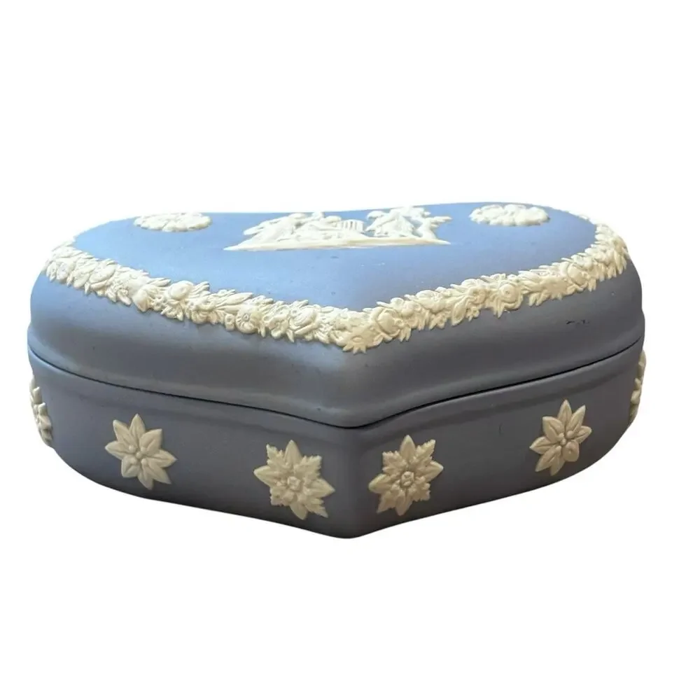 Vintage 1980s Heart Shaped Wedgwood Blue Jasperware Trinket Box